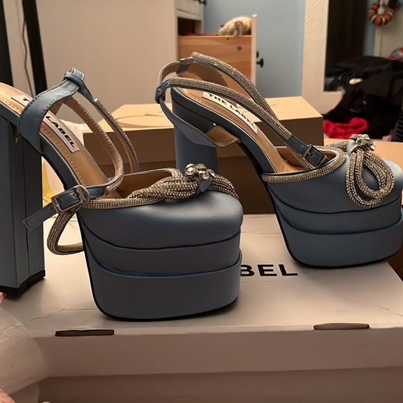 Blue JOHIE Diamante Bow Block Heel Platform Sandals - Picture 3 of 4